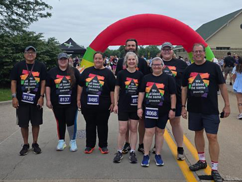 From left to right: Martin Mata, Component Processing Tech, Kenya Muniz, IMD Associate, Chelsey Devol, IMD Supervisor, Jack Dillman, Charge, Linda Mueller, Patient Services RN, Robin Fuller, Collection Specialist 1, Kaitlyn Pearson, Donor Recruitment Supervisor, and Kirby Winn, Public Relations Manager