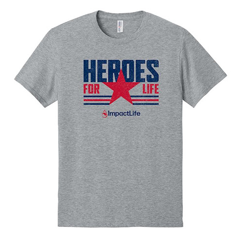 Grey t-shirt with Heroes for Life on the front
