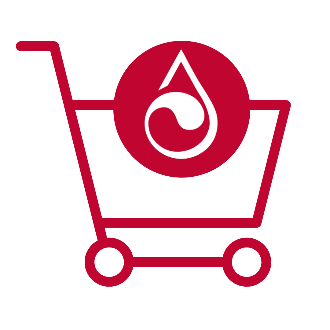 icon of a shopping cart with blood drop logo on top