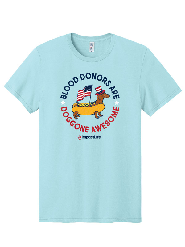 Light blue Blood Donors Are Doggone Awesome tee with a patriotic dog design