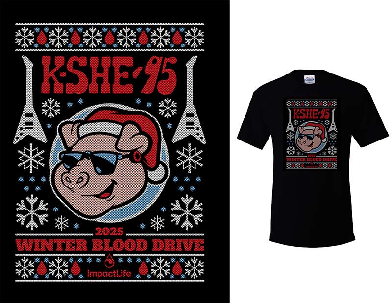 KSHE winter blood drive t-shirt design with embroidery pattern and Sweet Meat centered on shirt cobranded with ImpactLife