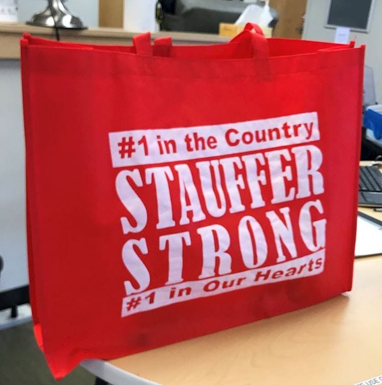red bag with stauffer strong
